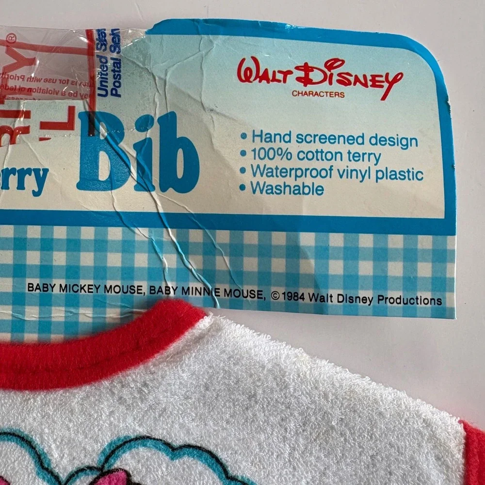 Vintage 1984 Disney Baby Mickey Minnie Mouse Bib Tommee Tippee Playskool Terry